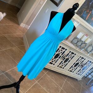 Bella Brazil halter style cross cross back dress, aqua blue, size M